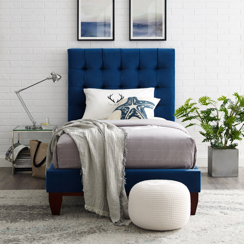 Tête de lit Ibison Bond avec tête de lit capitonnée à boutons, Lit simple, Bleu marine, Velours
