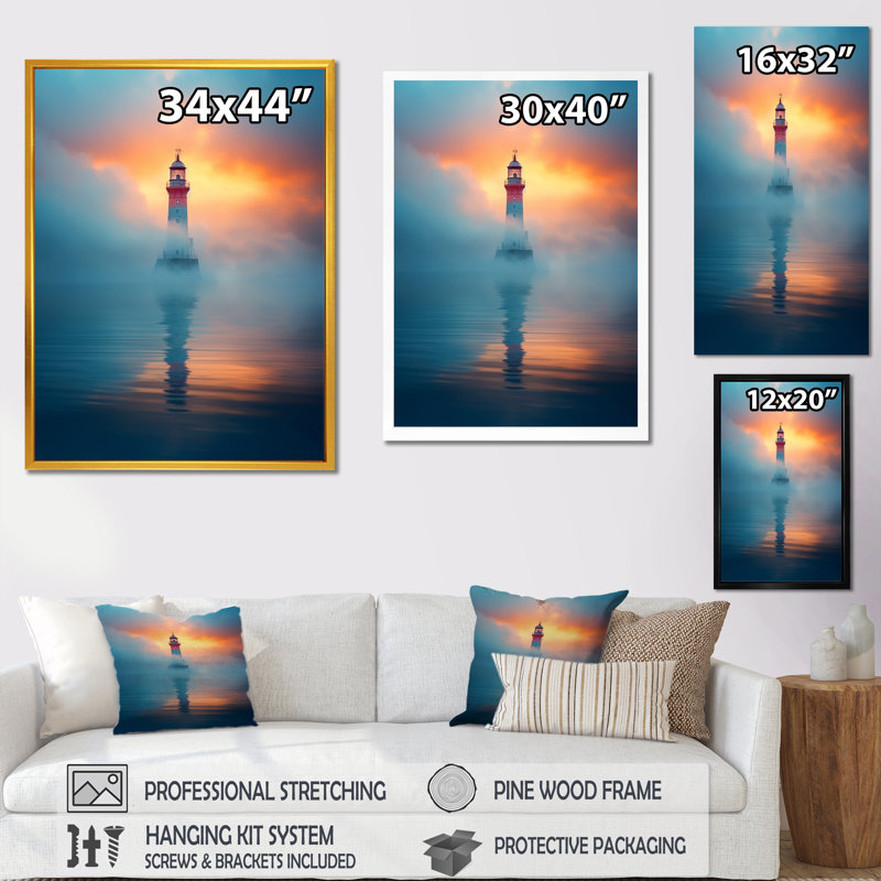 «Serene Langle in Sunset Mist - Coastal Light House», reproduction sur toile, Cadre simple blanc, H 32 po x l 24 po x P 1 po