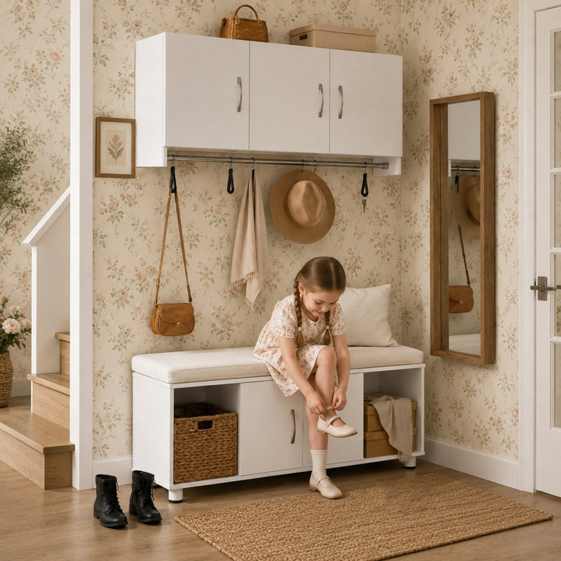 2-Piece Mudroom Storage Set With 3-Door Wall Cabinet, Hanging Rod, And 2-Door Storage Bench With Open Cubbies, White