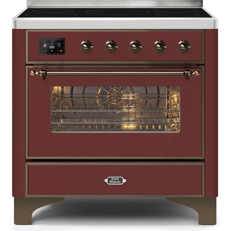 Cuisinière à induction 36 pouces avec 5 éléments à induction ILVE Majestic II Series (porte en verre), BOURGOGNE / BRONZE