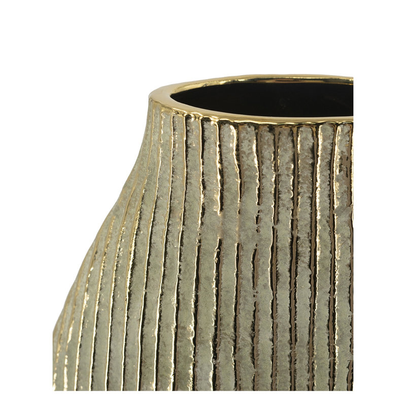 17.5" Gold Ceramic Accent Vase with Vertical Ribbed Texture