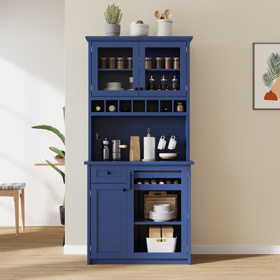 35.4X17.7X74.8" Freestanding Buffet With Hutch, Tall Kitchen Pantry Storage Cabinet With Wine Rack And Adjustable Shelves For Dining Room