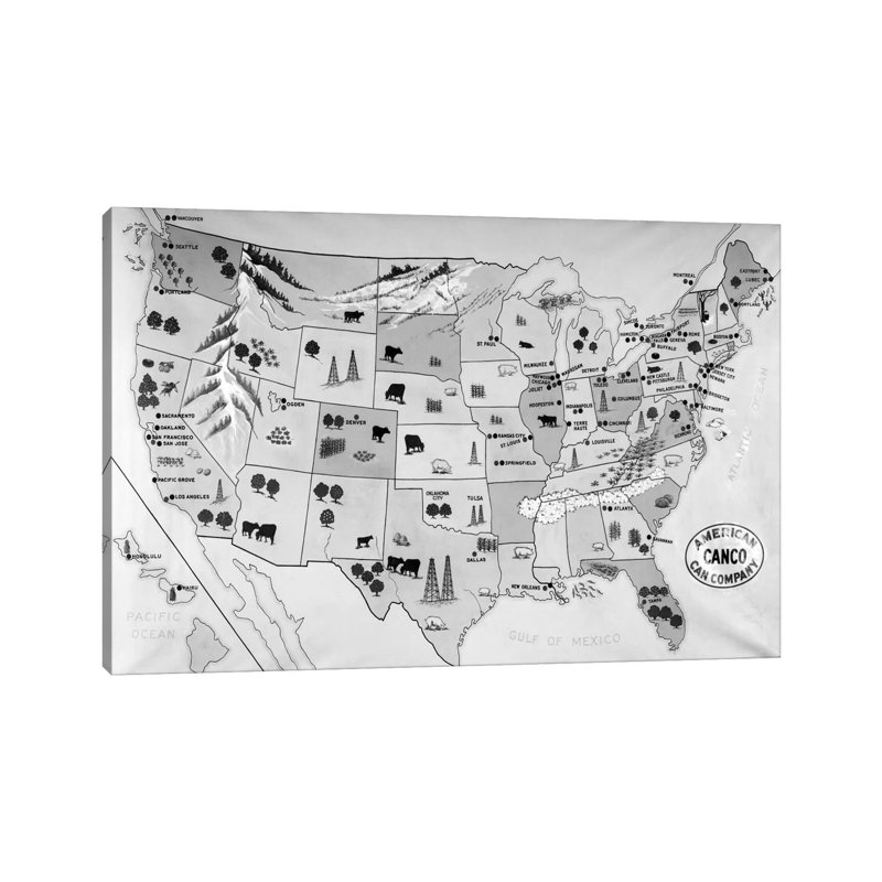 1930s-1940s Map Of United States Showing Agricultural And Industrial Resources - Wrapped Canvas Print