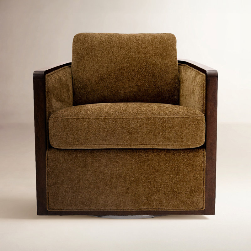 Clarisse Solid Wood Upholstered Swivel Armchair, Dark Brown