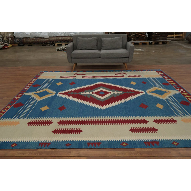 Tapis géométrique carré en laine Kilim 10 x 10
