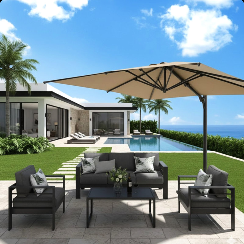 Parasol de patio en porte-à-faux 10 pi avec rotation à 360 ° et réglage de l'inclinaison, parasol carré extérieur décalé avec mât en aluminium sans base