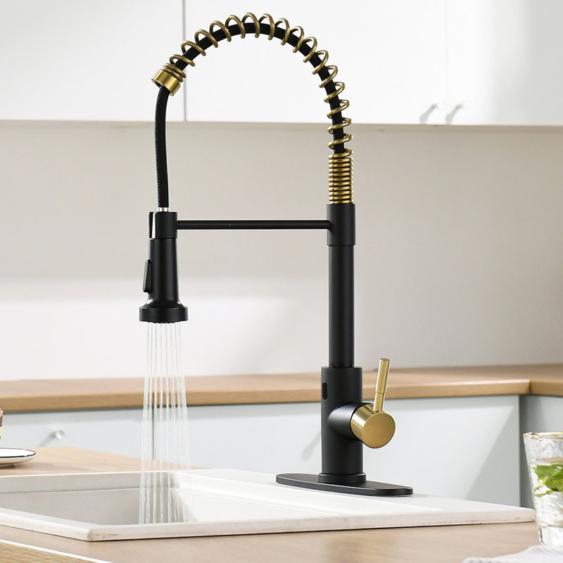 Touchless Kitchen Faucet With Pull Down Spray - Hands Automatic Smart, Black + Gold, Contemporary, Stainless Steel, Ceramic Fill Smart Touchless, , Contemporary Design, Filler