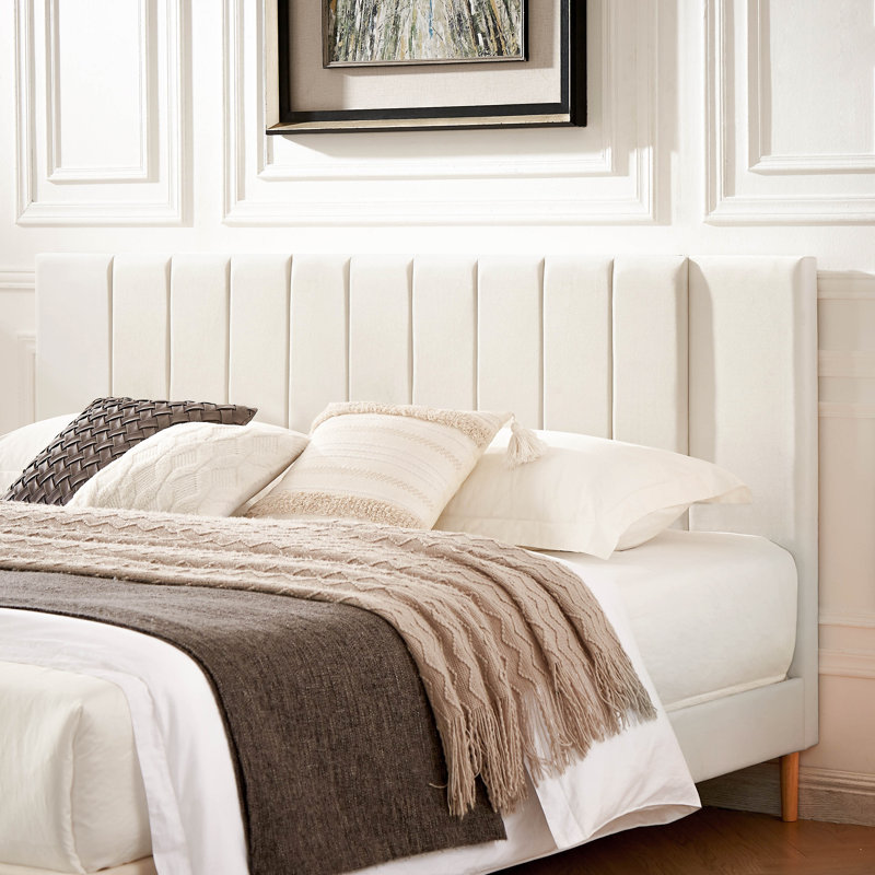 Cream Velvet King Platform Bed with Tufted Upholstered Headboard