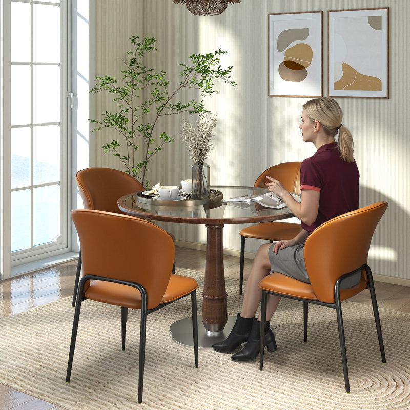 Upholstered Faux Leather Dining Chairs Set of 4, Mid-Century Modern Kitchen & Dining Room Chairs with Curved Backrest, Quilted Design, Metal Legs & Padded Seat