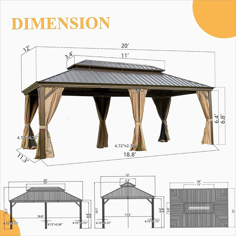 12'X20' Hardtop Gazebo, Outdoor Aluminum Frame Canopy With Galvanized Steel Double Roof, Outdoor Permanent Metal Pavilion With Curtains And Netting For Patio,Backyard And Lawn