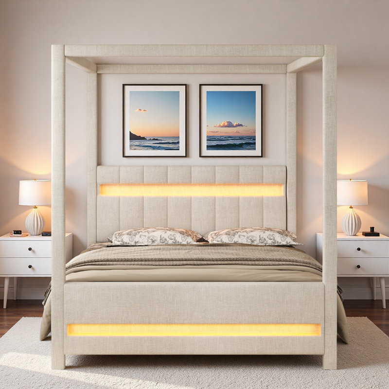 Canopy Platform Bed With Upholstered Headboard And Led Lights