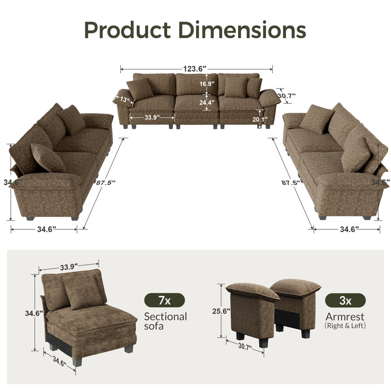 Ensemble de canapé modulaire rembourré 3 pièces, ensemble de canapé surdimensionné avec canapé et causeuse, Chenille brun