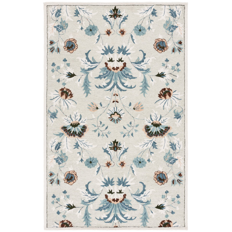 Oech Hand Tufted Wool/Cotton Performance Floral Rug in Sage/Blue, Rectangle 4' x 6'