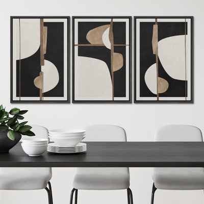 Mid-Century Modern Abstract Shapes Collage Black Neutral Wall Art Framed On Canvas 3 Pieces Print
