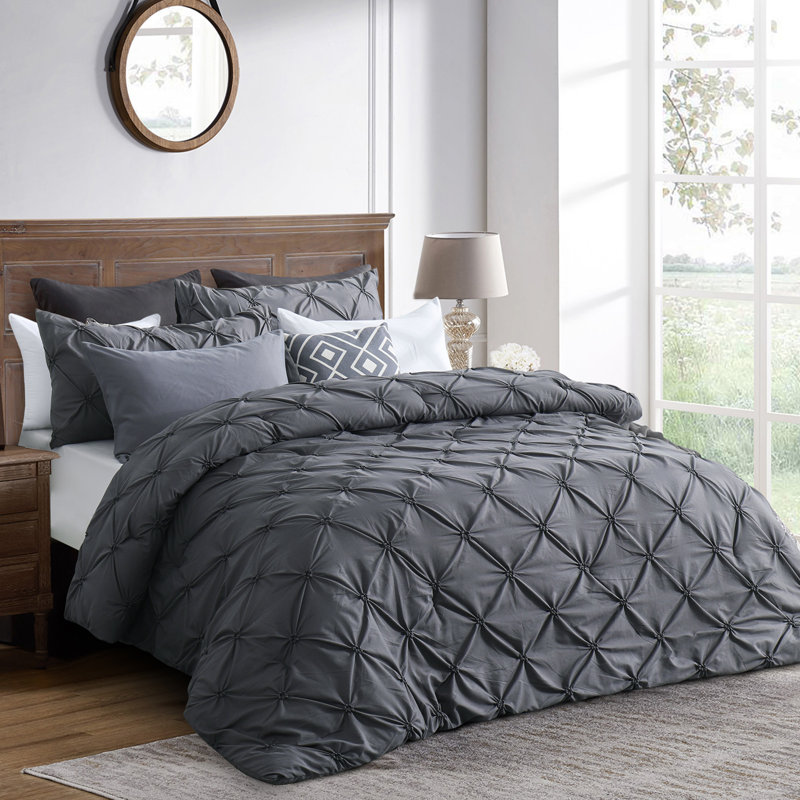 Suniya Pintuck Comforter Set, Gris, Édredon simple + 1 taie décorative pour lit simp