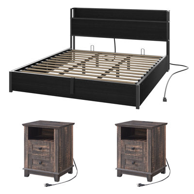 Ensemble de chambre avec très grand lit rustique et campagnard 3 pièces Tryston, noir