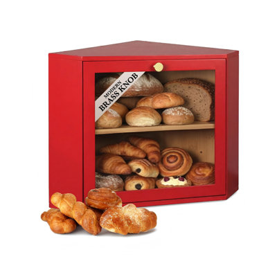 Corner Bread Box For Kitchen Countertop,2 Tier Bread Box Corner Countertop Cabinet,A Large, Space-Saving, Multifunctional, Food-Safe Solution With Brass Knob & Airflow Control.(Red)