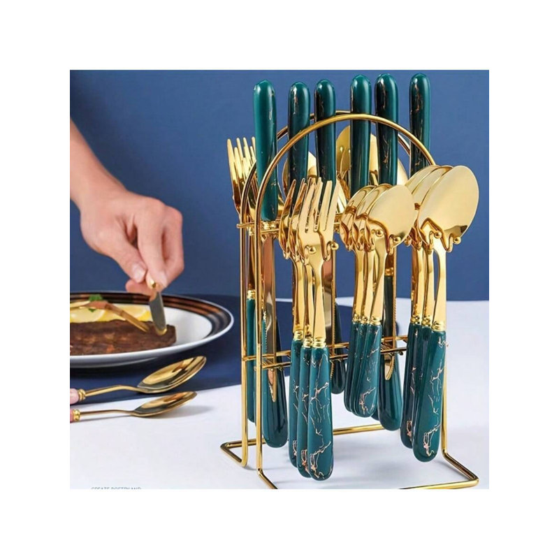 Ensemble de couverts 24 pièces en acier inoxydable de haute qualité pour 24 personnes avec manche en céramique, lavable au lave-vaisselle, vert foncé élégant, idéal pour de multiples occasions et parfait comme cadeau de la Saint-Valentin