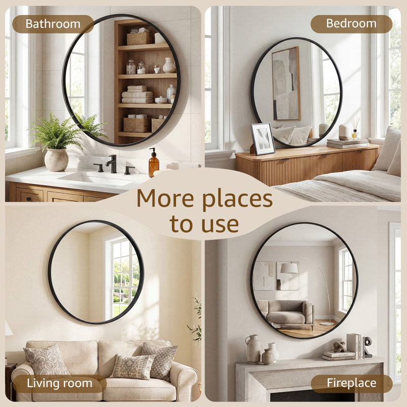Miroir mural rond en métal, Noir, noir, noir, noir, 36 po x 36 po