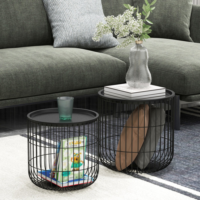 Tables basses gigognes rondes, ensemble de 2, noires, structure en panier en fil d'acier, plateaux amovibles, indispensables au salon, gain d'espace et polyvalentes. Tables d'appoint empilables avec espace pour un effet décoratif.