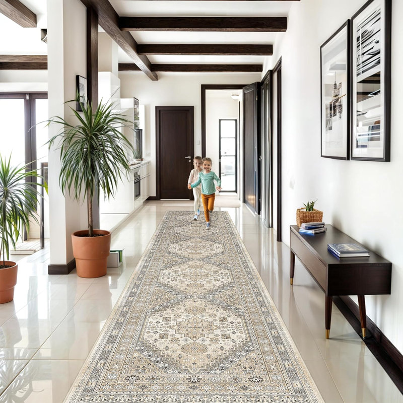 Medallion Non Slip Washable Rug(Beige), Runner 2'6" x 16'