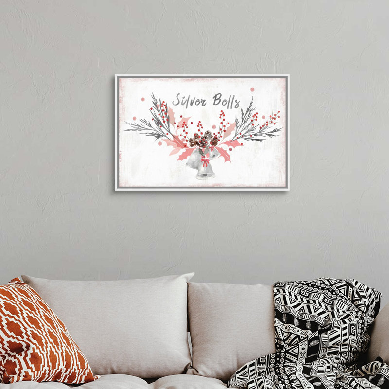 Cloches argentées-impression d’art textuel sur toile, H 18 po x l 26 po x P 1,75 po, Cadre blanc