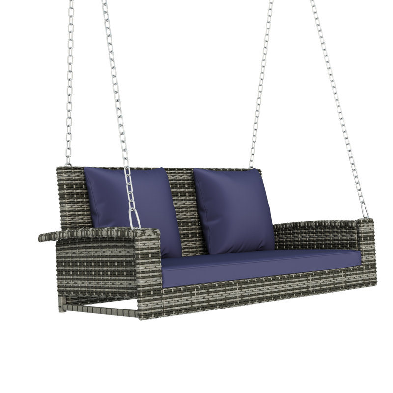 Banc de balançoire en osier avec coussin pour cour arrière, Bleu/gris