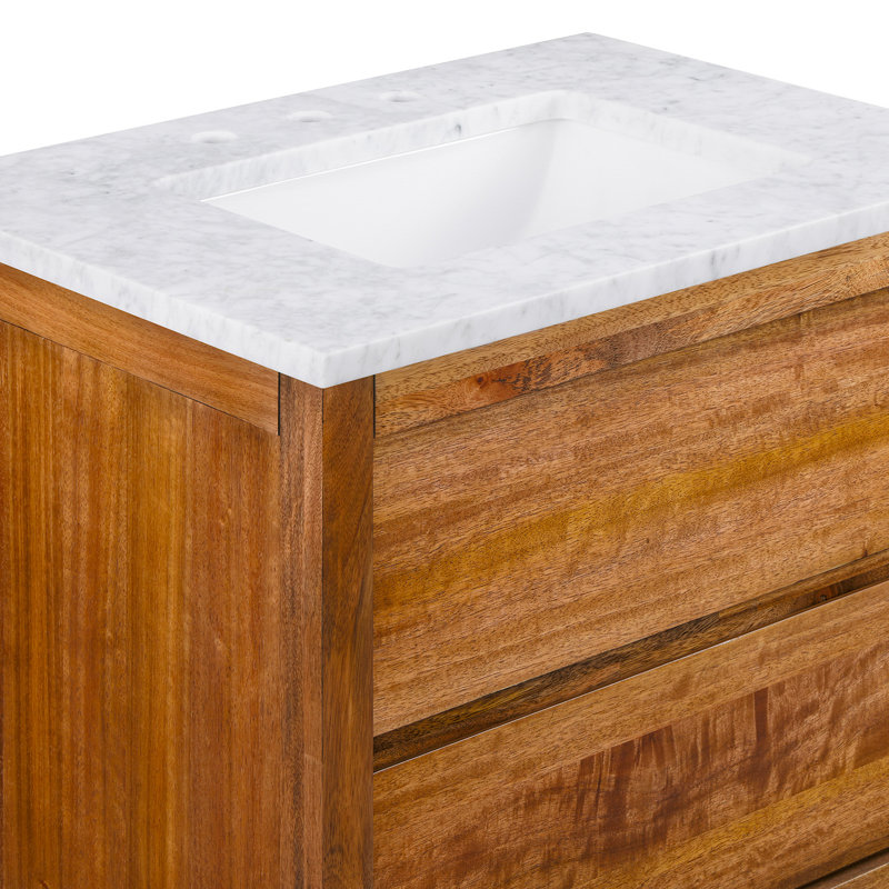 Tessa 30 po Meuble-lavabo de comptoir en bois de manguier et marbre blanc avec robinet en or satiné