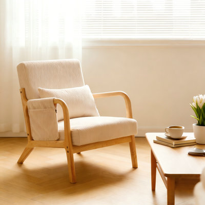 Mid-Century Modern Corduroy Accent Chair with Adjustable Storage Pocket, Ergonomic High Back Armchair with Lumbar Pillow for Living Room Bedroom Farmhouse Boho Decor