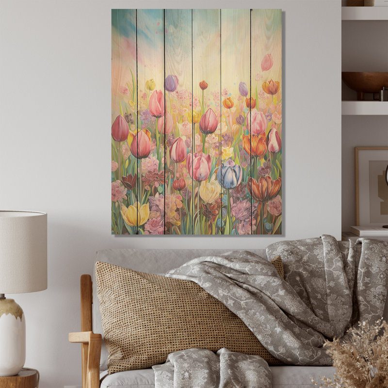 Multicolore Dreamy Tulips Flower Field - Art mural en bois sur bois de pin naturel, H 20 po x l 10 po