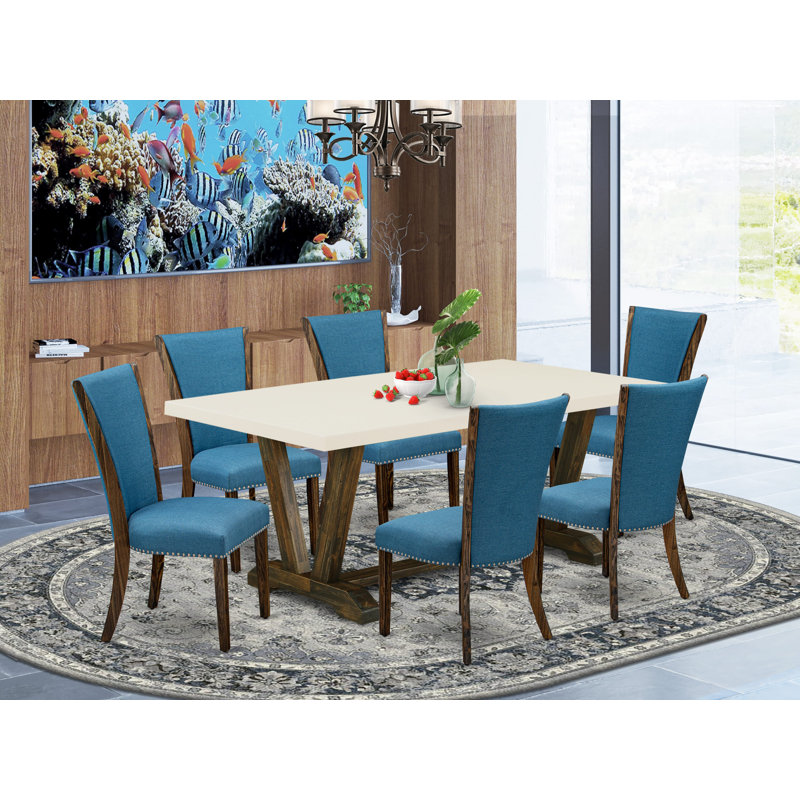 Ensemble de table 7 pièces Mid-Century composé d'une table de cuisine en lin blanc et de 6 chaises de dîner en tissu de lin bleu à haut dossier - Finition jacobine délavée