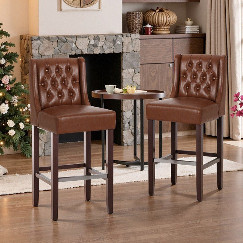 Tabouret de bar 2 pièces avec dossier rembourré et repose-pieds en métal, hauteur de comptoir de 30,5 pouces, Marron clair