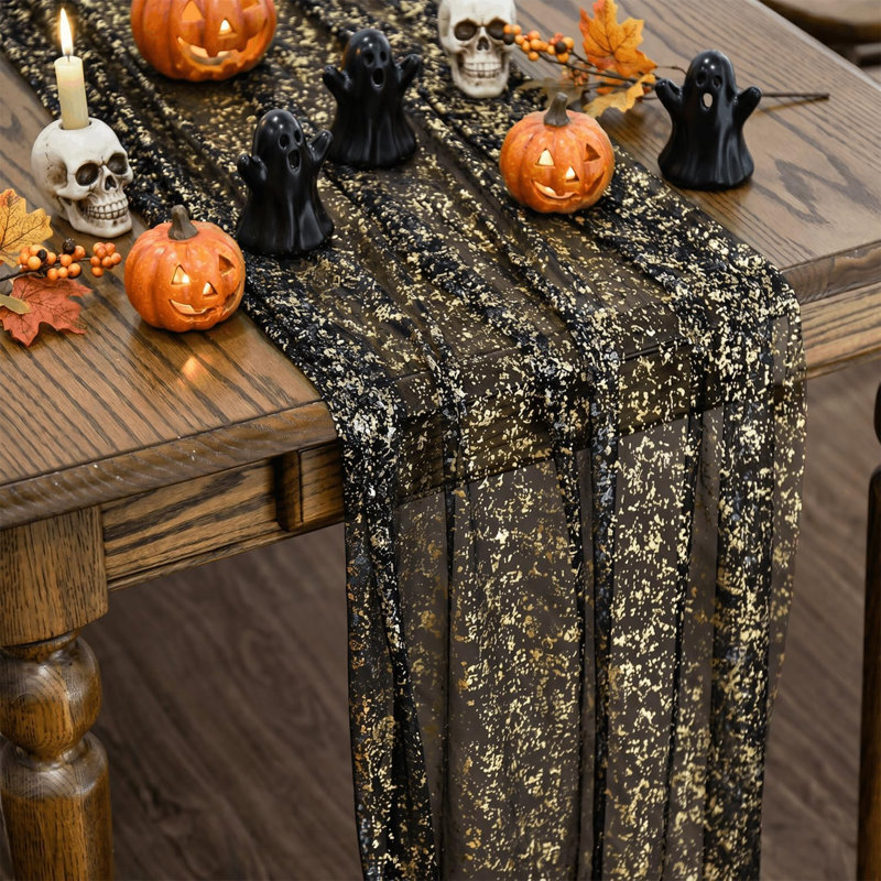 Chemin de table en gaze noire et dorée de 3 m (120 pouces), orné de paillettes métalliques transparentes, idéal pour décorer une table lors d'un repas, d'un mariage, d'un anniversaire ou d'une fête à la maison.
