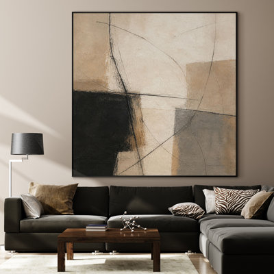 Très grand art mural imprimé sur tissu - Composition abstraite géométrique avec des accents noirs et beiges pour le salon ou la chambre à coucher - «Assemblage requis du cadre (cadre non fini)»