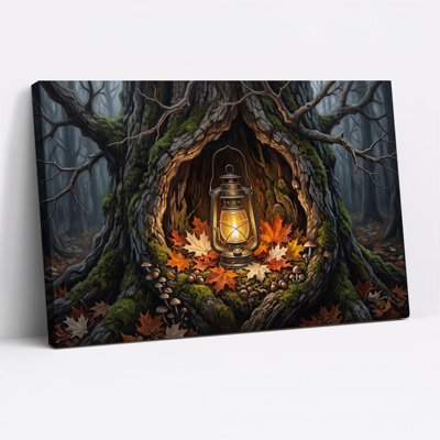 «Glowing Lantern In Mossy Tree Hollow Amidst Halloween», art mural sur toile