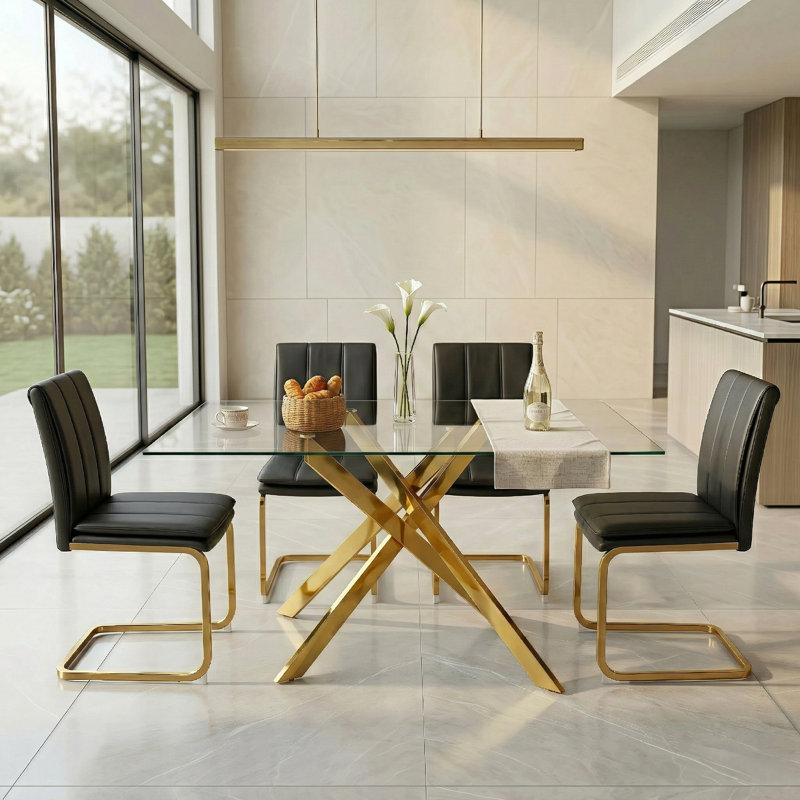 51" Rectangular Tempered Glass Dining Set with 4 Cantilever Faux Leather Chairs, Gold Table + Gold/Black Chairs