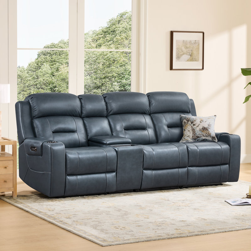 Olathe Genuine Leather Dual Motor Power Reclining Lay Flat Sofa With Power Headrest, Navy