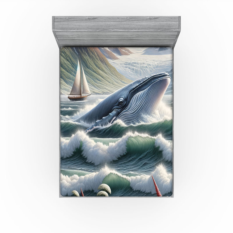 Drap-housse nautique Ambesonne_ Montagnes de baleines et bateau_ Bleu-vert et rubis, Drap-housse de taille très grand