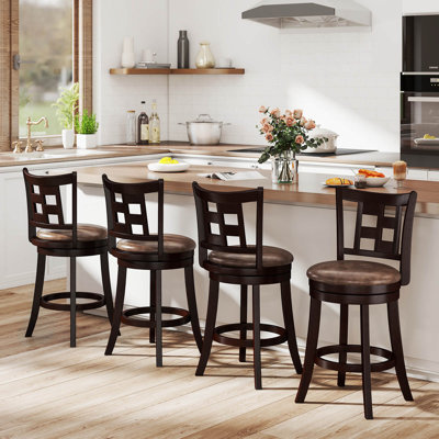 Set Of Bar Stools Swivel Bar Chairs With Footrest, Lattice Backrest