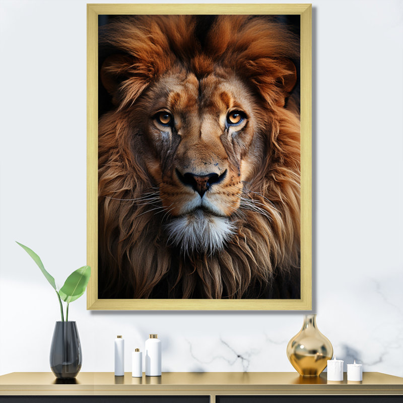 Animal Lion Portrait II - Lion, art mural, Cadre doré simple, H 32 po x l 16 po x P 1 po