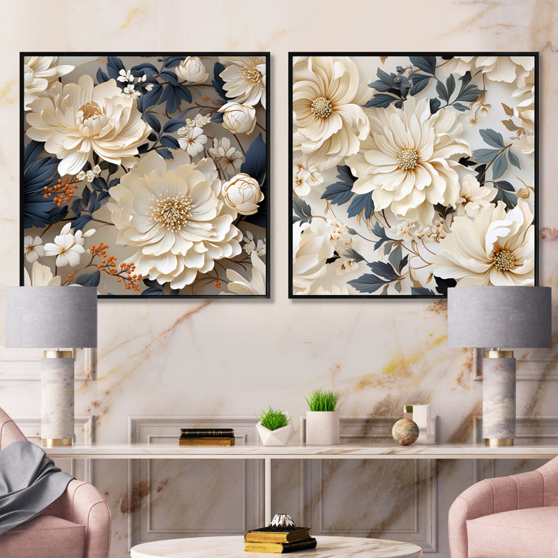 Ethereal Blooms III - Ensemble de 2 collages carrés floraux et botaniques, Cadre flottant noir, H 36 po x l 73 po