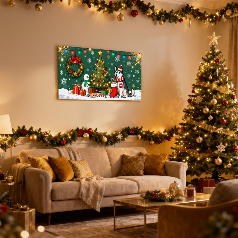 Noël, arbre de Noël, bonhomme de neige et guirlande de lumières de Noël, H 12 po x l 18 po