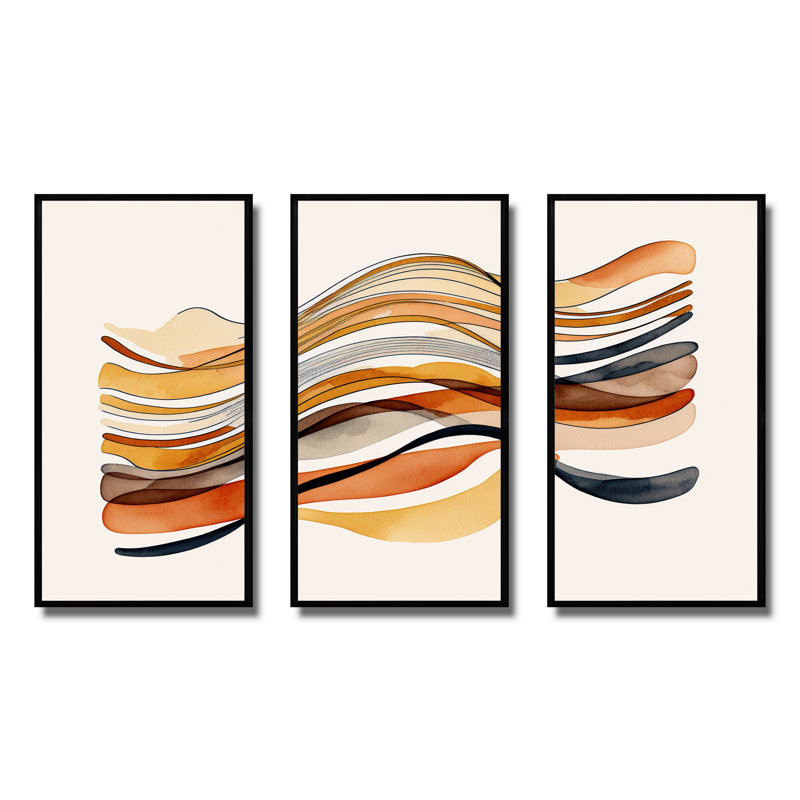 «Donnabel Burnt Orange Waves Abstract I», reproduction sur toile 3 pièces, Cadre noir, H 32 po x l 48 po x P 1 po