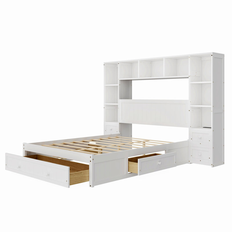 Lit plateforme en bois avec tablette de rangement et 2 stations de charge, cadre de lit avec 3 tiroirs, Double
