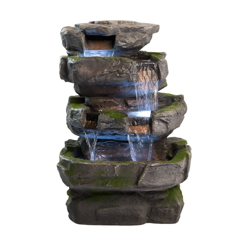 Moss Covered Gray Resin Rock Fountain with LED Lights