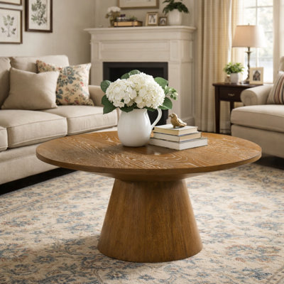 36" Modern Farmhouse Round Solid Wood Coffee Table with Pedestal Base