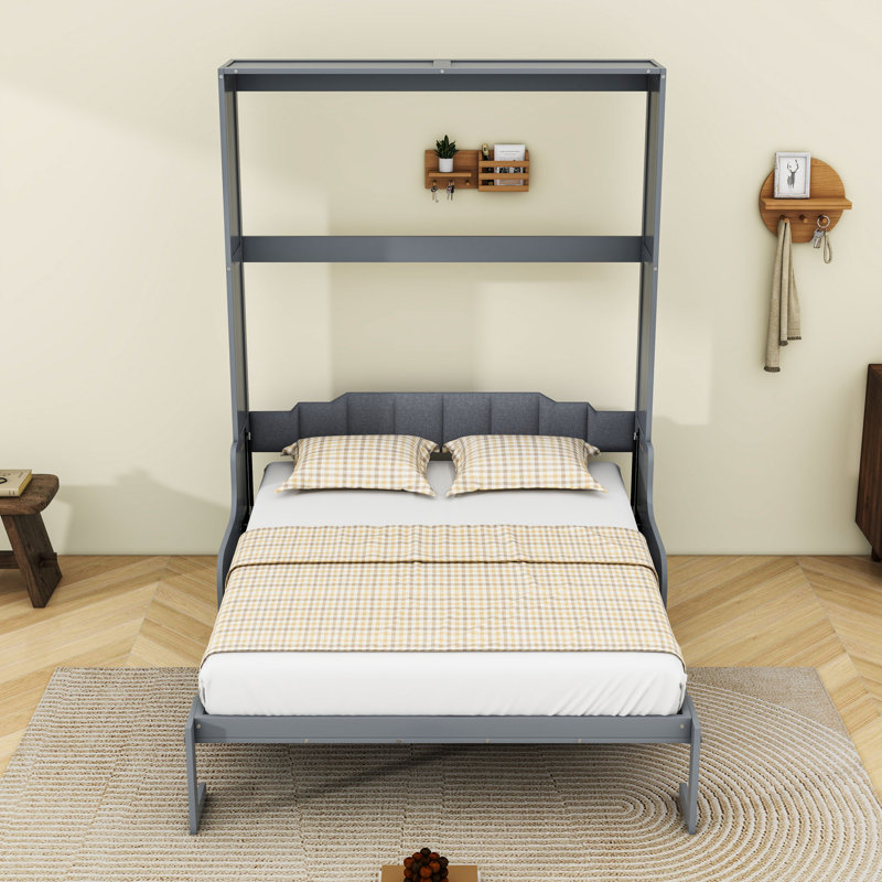 Grand lit escamotable en bois avec chaise et lattes, gris