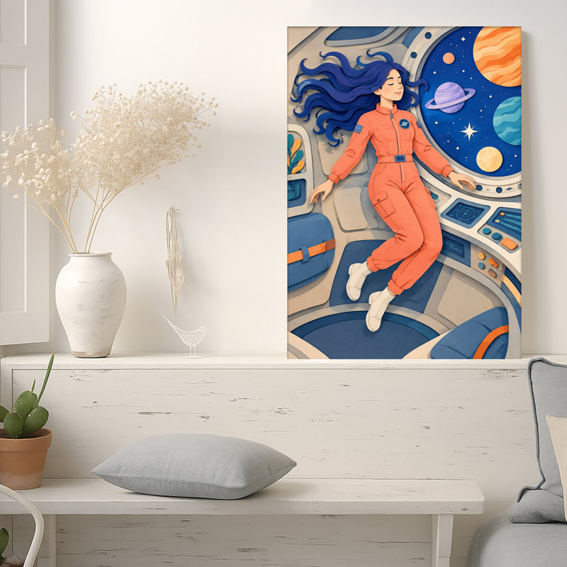 Astronaut In Orange Suit Floating In Spaceship Planets Canvas Wall Art, 18"H x 12"W