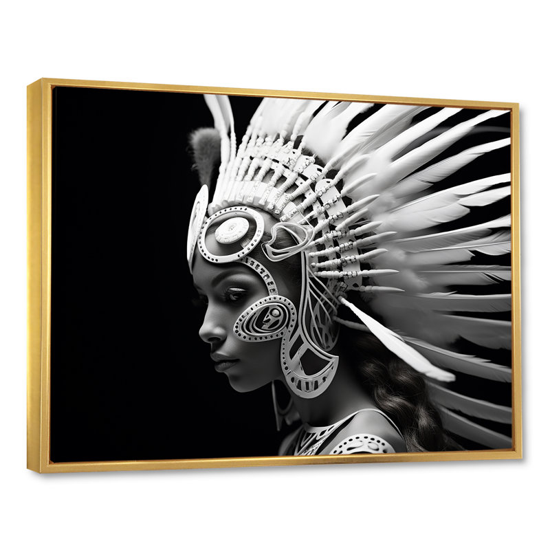 Impression sur toile, "Native Spirit" en noir et blanc, Cadre flottant doré, H 12 po x l 20 po x P 1 po
