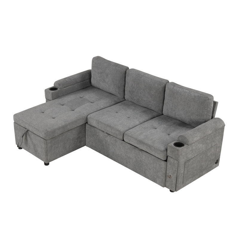 Matthias Convertible Chenille Sofa Bed with Storage & USB, Gray